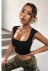 Kadın Siyah Kare Yaka Kalınlaşan Omuz Detaylı Crop Top Bluz
