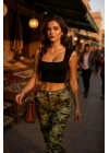 Kadın Siyah Kare Yaka Kalınlaşan Omuz Detaylı Crop Top Bluz