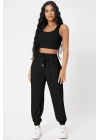 Kadın Siyah Kaşkorse Cepli Jogger Eşofman Altı ve Crop Top Bluz