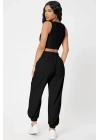 Kadın Siyah Kaşkorse Cepli Jogger Eşofman Altı ve Crop Top Bluz