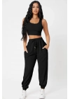 Kadın Siyah Kaşkorse Cepli Jogger Eşofman Altı ve Crop Top Bluz