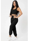 Kadın Siyah Kaşkorse Cepli Jogger Eşofman Altı ve Crop Top Bluz