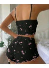 Kadın Siyah Kiraz Desenli Seksi Gecelik Takım 9003
