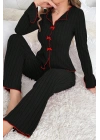 Kadın Siyah Kırmızı Biyeli ve Fiyonklu Uzun Kollu Mevsimlik Pijama Takımı