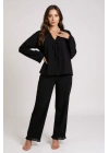 Kadın Siyah Önden Bağlamalı Kolu ve Paçası Fırfır Detaylı Uzun Kollu Pijama Takımı