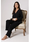 Kadın Siyah Önden Bağlamalı Kolu ve Paçası Fırfır Detaylı Uzun Kollu Pijama Takımı