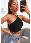 Kadın Siyah Sırtı Açık Boyundan Çapraz Bağlamalı Crop Top Bluz