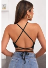 Kadın Siyah Sırtı Açık Boyundan Çapraz Bağlamalı Crop Top Bluz