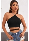 Kadın Siyah Sırtı Açık Boyundan Çapraz Bağlamalı Crop Top Bluz