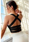 Kadın Siyah Sırtı Çapraz Lastik Detaylı Crop Top Bluz
