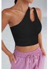 Kadın Siyah Tek Omuz Cut Out Detaylı Crop Top Bluz