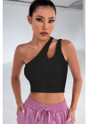 Kadın Siyah Tek Omuz Cut Out Detaylı Crop Top Bluz