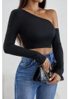 Kadın Siyah Tek Omuz Detaylı Uzun Kol Crop Top Bluz – Şık, Rahat ve Kolay Kombinlenebilir