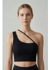Kadın Siyah Tek Omuzlu Çapraz Askılı Crop Top Büstiyer – Modern ve Şık Tasarım