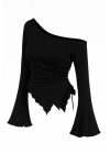 Kadın Siyah Uzun İspanyol Kollu Asimetirik Yaka Yandan Bağlamalı Drapeli Bluz