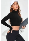 Kadın Siyah Uzun Kol Fermuarlı Parmak Geçme Detaylı Dik Yaka Crop Top Bluz