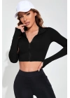 Kadın Siyah Uzun Kol Fermuarlı Parmak Geçme Detaylı Dik Yaka Crop Top Bluz