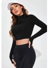 Kadın Siyah Uzun Kol Fermuarlı Parmak Geçme Detaylı Dik Yaka Crop Top Bluz