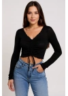 Kadın Siyah Uzun Kollu Büzdürme Bağcık Detaylı Crop Top Bluz – Şık, Rahat ve Kolay Kombinlenebilir