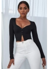 Kadın Siyah Uzun Kollu Düğmeli Göğüs ve Göbek Dekolteli Crop Top Bluz – Şık, Rahat ve Kolay Kombinlenebilir