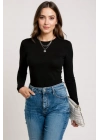 Kadın Siyah Uzun Kollu Fit Basic Crop Top Bluz