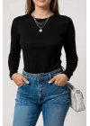Kadın Siyah Uzun Kollu Fit Basic Crop Top Bluz