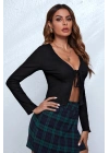 Kadın Siyah Uzun Kollu Önden Bağlama Detaylı Crop Top Bluz