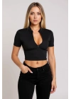 Kadın Siyah Yarım Fermuarlı ve Kısa Kollu Crop Top Bluz