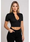 Kadın Siyah Yarım Fermuarlı ve Kısa Kollu Crop Top Bluz