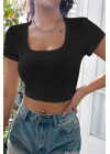 Kadın Siyah Yarım Kol Düz Yaka Crop Top Bluz