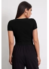 Kadın Siyah Yuvarlak Yaka Yarım Kol Crop Top Bluz