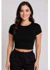 Kadın Siyah Yuvarlak Yaka Yarım Kol Crop Top Bluz – Şık, Rahat ve Kolay Kombinlenebilir