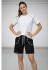 Kadın Spor Tişört Şort Takım Kontrast Dikiş Detaylı Ovarsize rahat kalıp - Beyaz