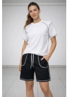 Kadın Spor Tişört Şort Takım Kontrast Dikiş Detaylı Ovarsize rahat kalıp - Beyaz