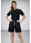 Kadın Spor Tişört Şort Takım Kontrast Dikiş Detaylı Ovarsize rahat kalıp - Siyah