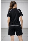 Kadın Spor Tişört Şort Takım Kontrast Dikiş Detaylı Ovarsize rahat kalıp - Siyah