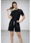 Kadın Spor Tişört Şort Takım Kontrast Dikiş Detaylı Ovarsize rahat kalıp - Siyah