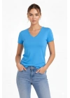 Kadın T-Shirt V Yaka Slim Fit Likralı Tişört Günlük Basic Body - Açık Mavi