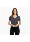 Kadın T-Shirt V Yaka Slim Fit Likralı Tişört Günlük Basic Body - Füme