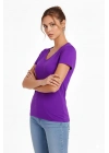 Kadın T-Shirt V Yaka Slim Fit Likralı Tişört Günlük Basic Body - Mor