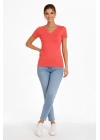 Kadın T-Shirt V Yaka Slim Fit Likralı Tişört Günlük Basic Body - Nar Çiçeği