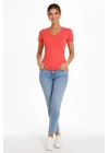 Kadın T-Shirt V Yaka Slim Fit Likralı Tişört Günlük Basic Body - Nar Çiçeği