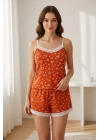 Kadın Turuncu Kalp Desenli Askılı Şortlu Dantelli Pijama Takımı