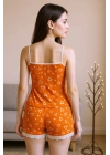 Kadın Turuncu Kalp Desenli Askılı Şortlu Dantelli Pijama Takımı