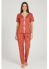 Kadın Turuncu Kalp Desenli Fiyonklu Kısa Kollu Uzun Pijama Takımı