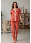 Kadın Turuncu Kalp Desenli Fiyonklu Kısa Kollu Uzun Pijama Takımı