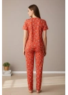 Kadın Turuncu Kalp Desenli Fiyonklu Kısa Kollu Uzun Pijama Takımı