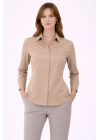 Kadın Uzun Kollu Gömlek Düğmeli Klasik Yaka Günlük ve Ofis Şıklığına uygun - Bej