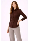 Kadın Uzun Kollu Gömlek Düğmeli Klasik Yaka Günlük ve Ofis Şıklığına uygun - Kahverengi