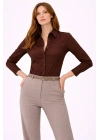 Kadın Uzun Kollu Gömlek Düğmeli Klasik Yaka Günlük ve Ofis Şıklığına uygun - Kahverengi